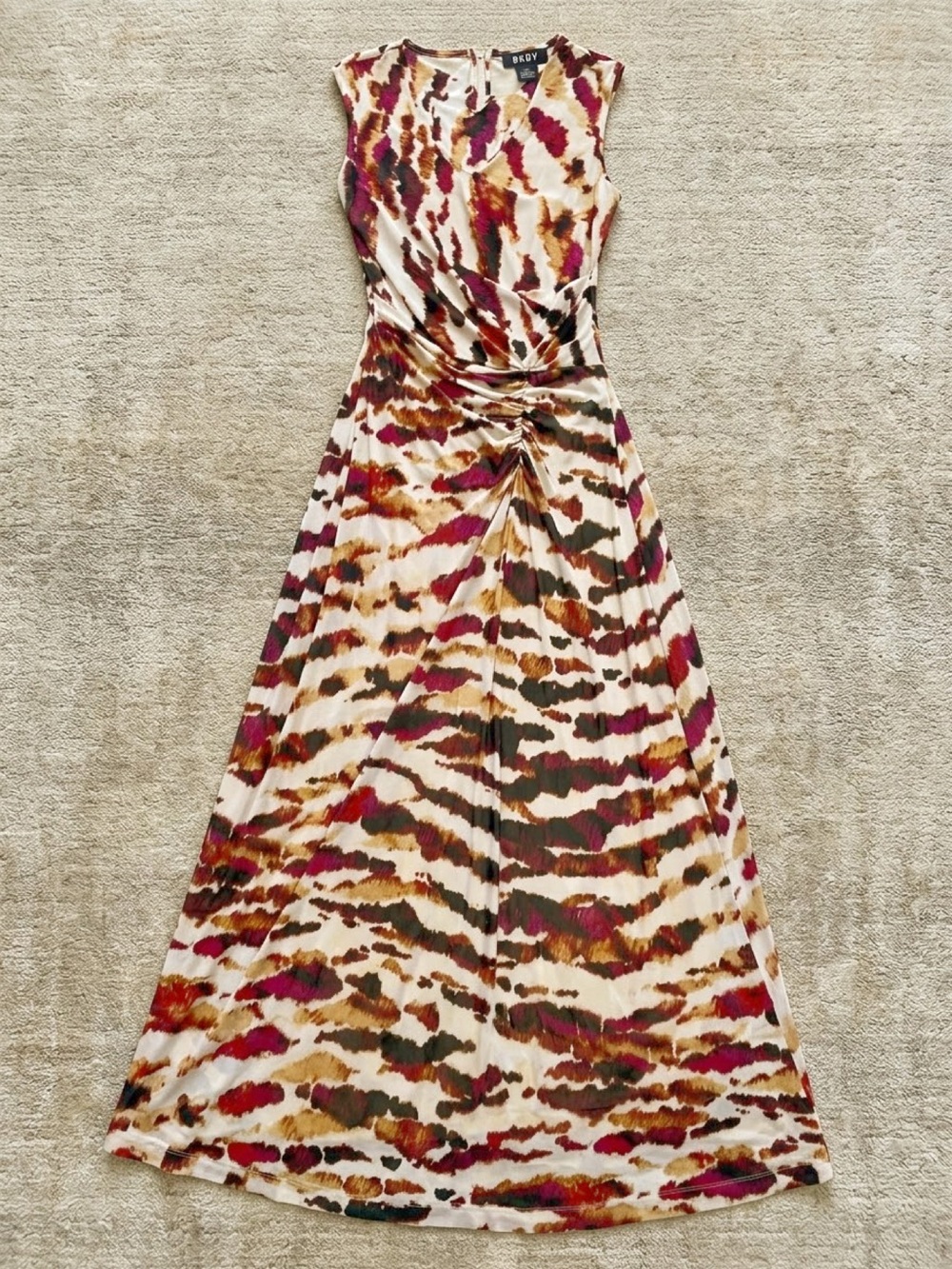 DKNY Sleeveless Multicolor Animal Print Mesh Ruched Maxi Dress 10